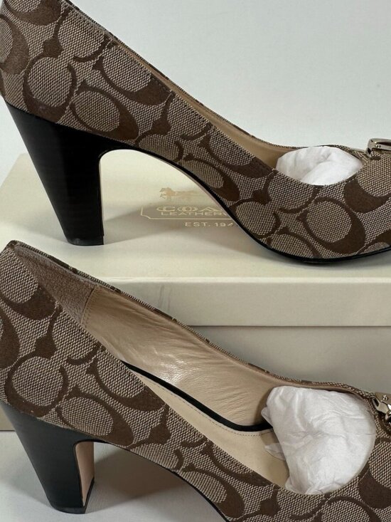 COACH Helaine Peep Toe Monogram Buckle Accent Pumps - Picture 6 of 9
